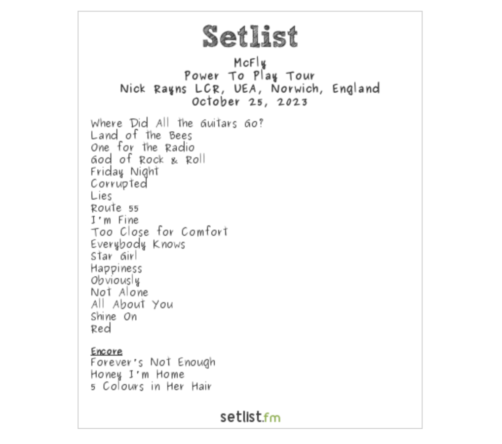 mcfly power to play tour setlist